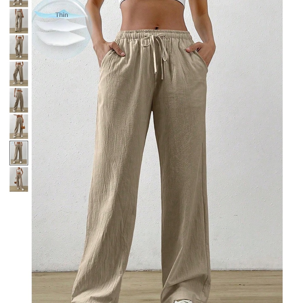 Khaki Wide Leg Linen Drawstring Pants